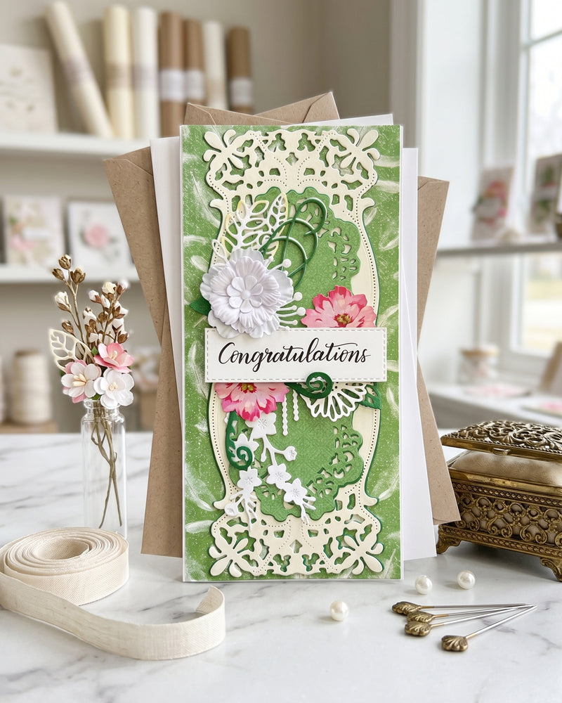 Beautiful congratulations card by Del Cards NZ, premium layered papers and fine embellishments