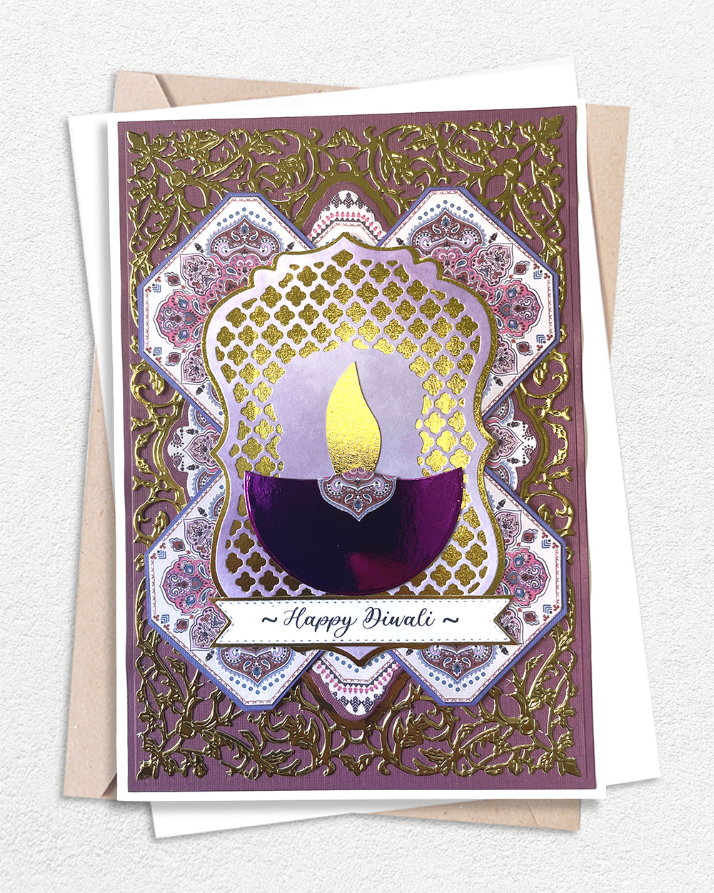 Handmade Diwali greeting card with golden foil Festival of Lights design, made in Auckland New Zealand