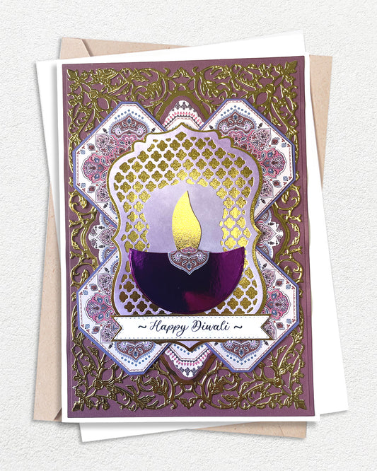 Handmade Diwali greeting card with golden foil Festival of Lights design, made in Auckland New Zealand