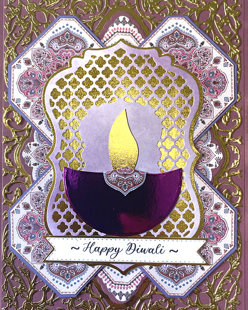 Diwali greeting card featuring a  'Happy Diwali' text on a patterned background, made in New Zealand by Del Cards NZ.