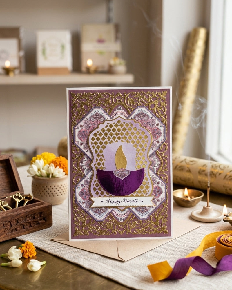 Happy Diwali Card made in NZ with purple and gold design on a table with candles and flowers.
