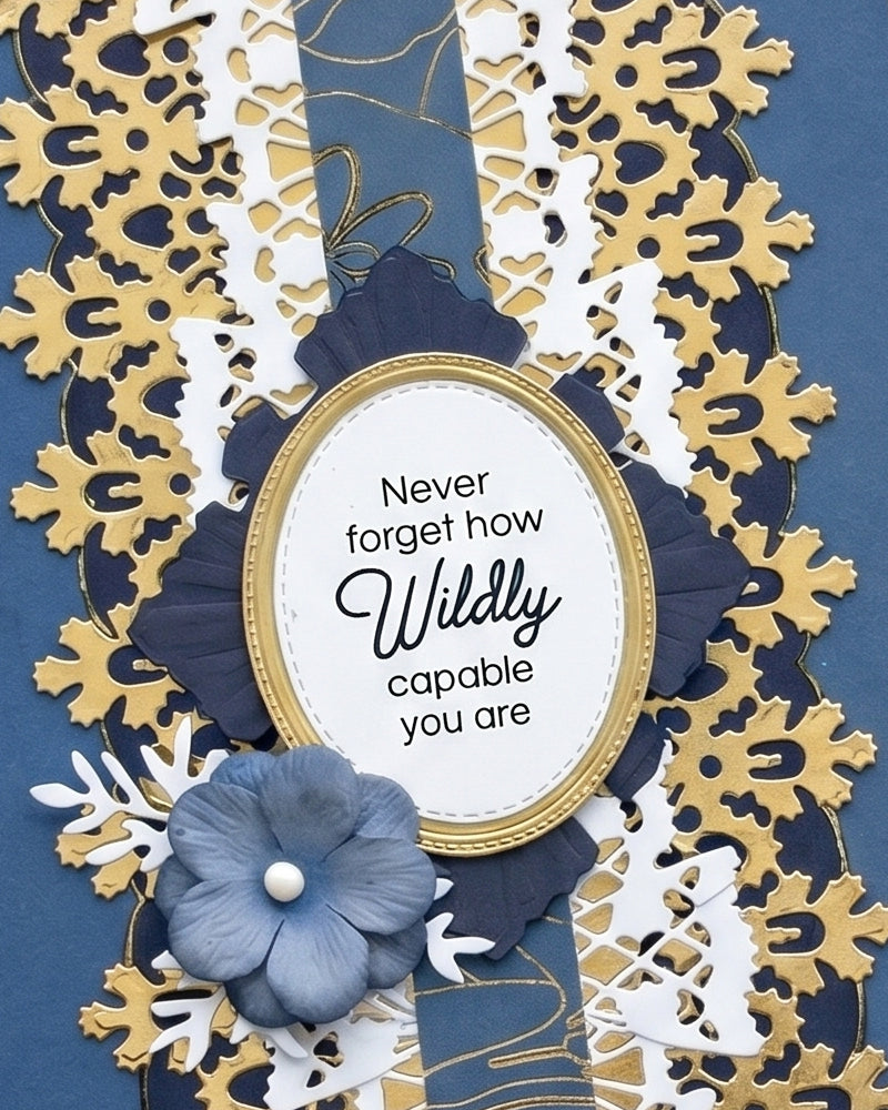 Details of handmade empowerment card by Del Cards NZ, premium layered papers and elegant embellishments