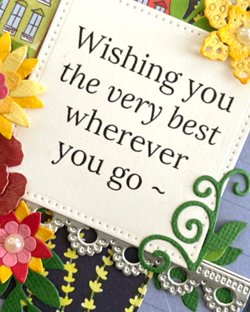 Greeting card with floral decorations and text 'Wishing you the very best wherever you go ~'