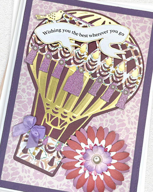 Detail shot of handmade farewell card by Del Cards NZ, elegant layered papers and premium materials