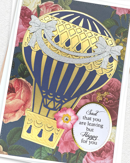 Detail shot of handmade farewell card by Del Cards NZ, beautiful layered papers and fine gems