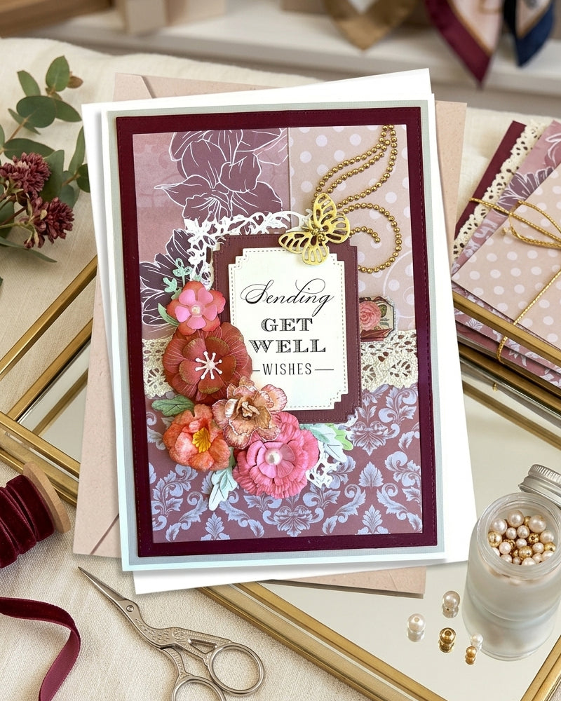 Handmade burgundy "Sending Get Well wishes" card displayed upright in a styled setting with gold frames, scissors and craft props alongside. Deep rose, coral and gold tones make this an elegant handmade get well card made in New Zealand by Del Cards NZ.