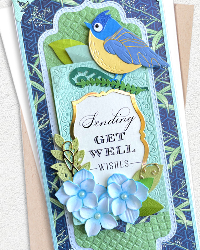 Details of handmade get well wishes card by Del Cards NZ, premium layered papers and fine embellishments