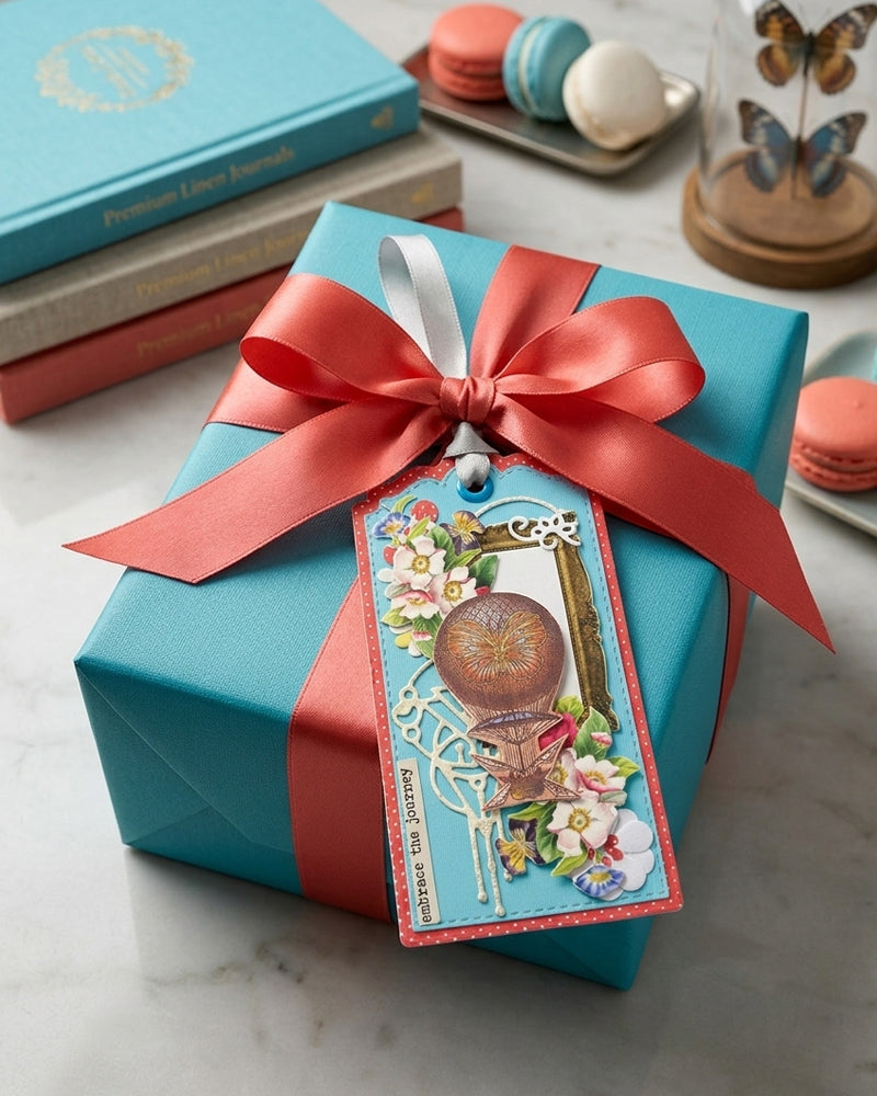 Luxury handmade gift tag styled on a teal gift box with red satin bow — Del Cards NZ handmade gift tags complement any special occasion gift