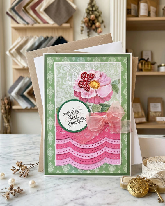 Handmade grandma card displayed upright on a bright studio surface with natural light and soft styling props alongside. Fresh sage green and pink tones make this a beautiful grandmother gift card handmade in New Zealand by Del Cards NZ.