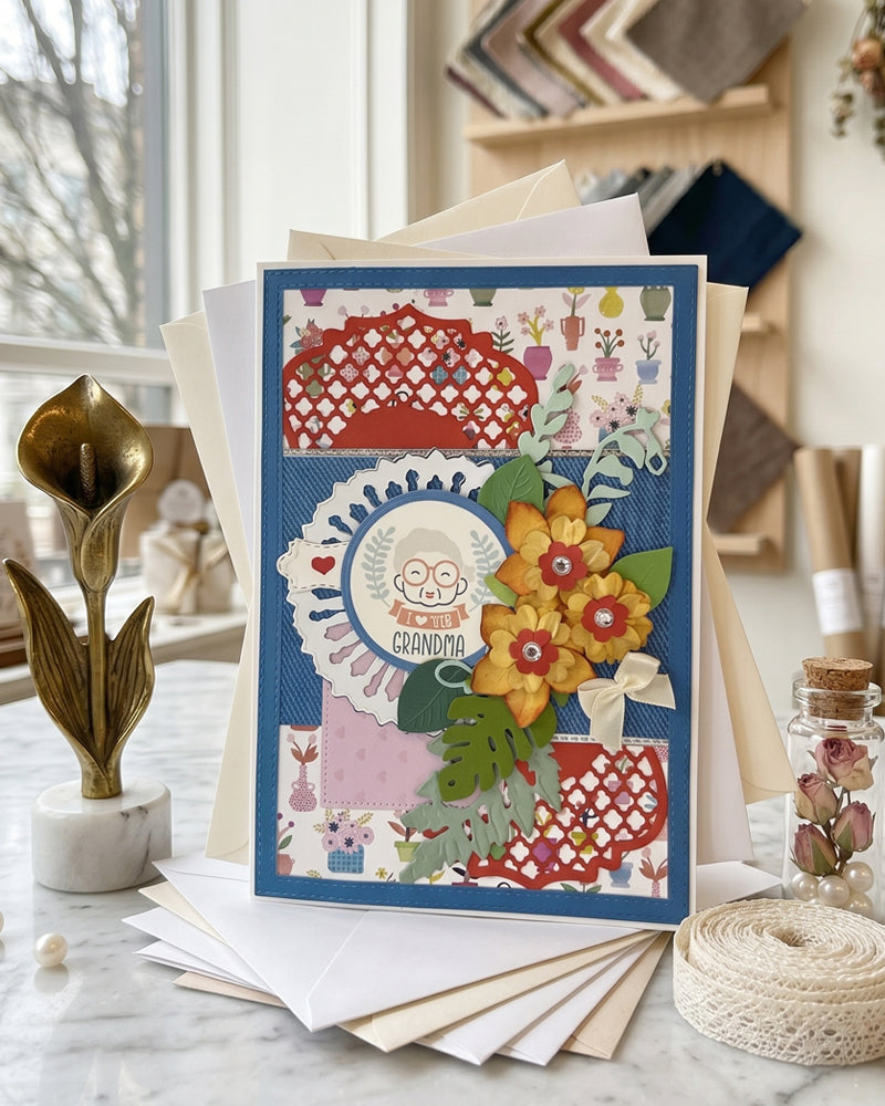 Bright handmade grandma card propped in a warm home setting alongside cream cards and natural styling. Cobalt blue, red and yellow tones create a joyful, colourful design. Handmade grandmother greeting card made in New Zealand by Del Cards NZ.