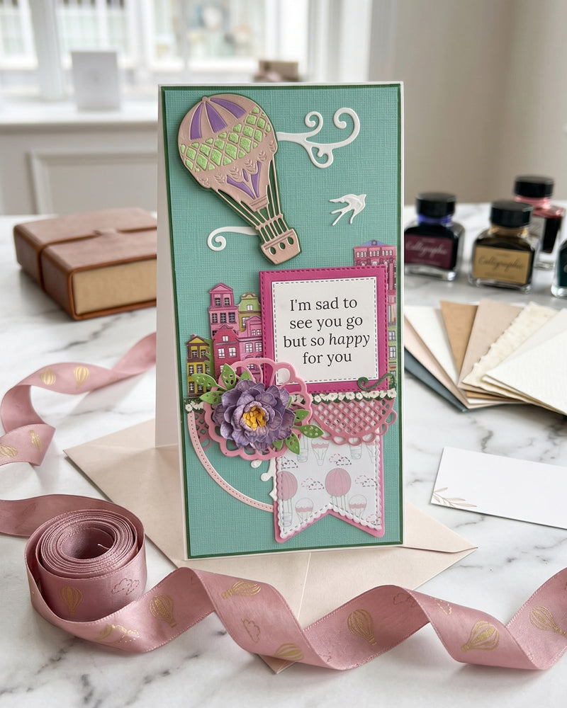 Handmade farewell card · Sad to see you go but so happy for you · Made in New Zealand by Del Cards NZ