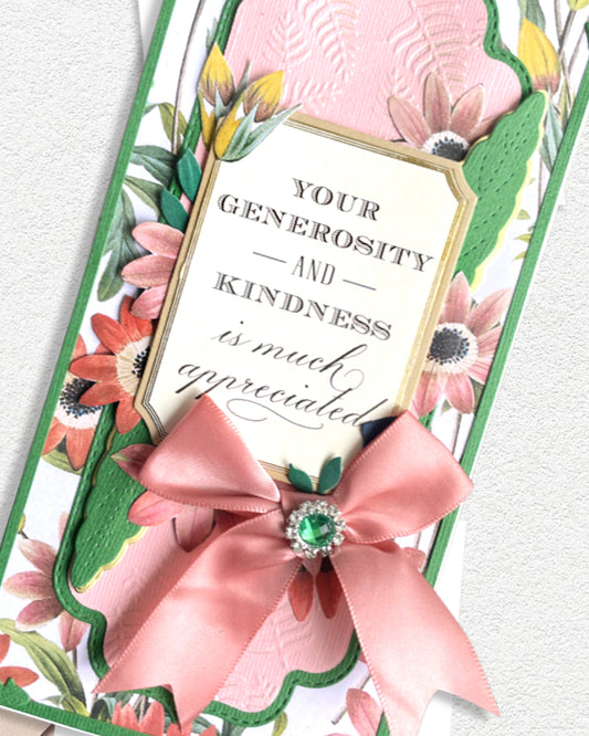 Detailed shot of a slimline handmade card with paper flowers and hand-embossed detail — for saying thank you with real weight behind it. Made by Del in NZ.