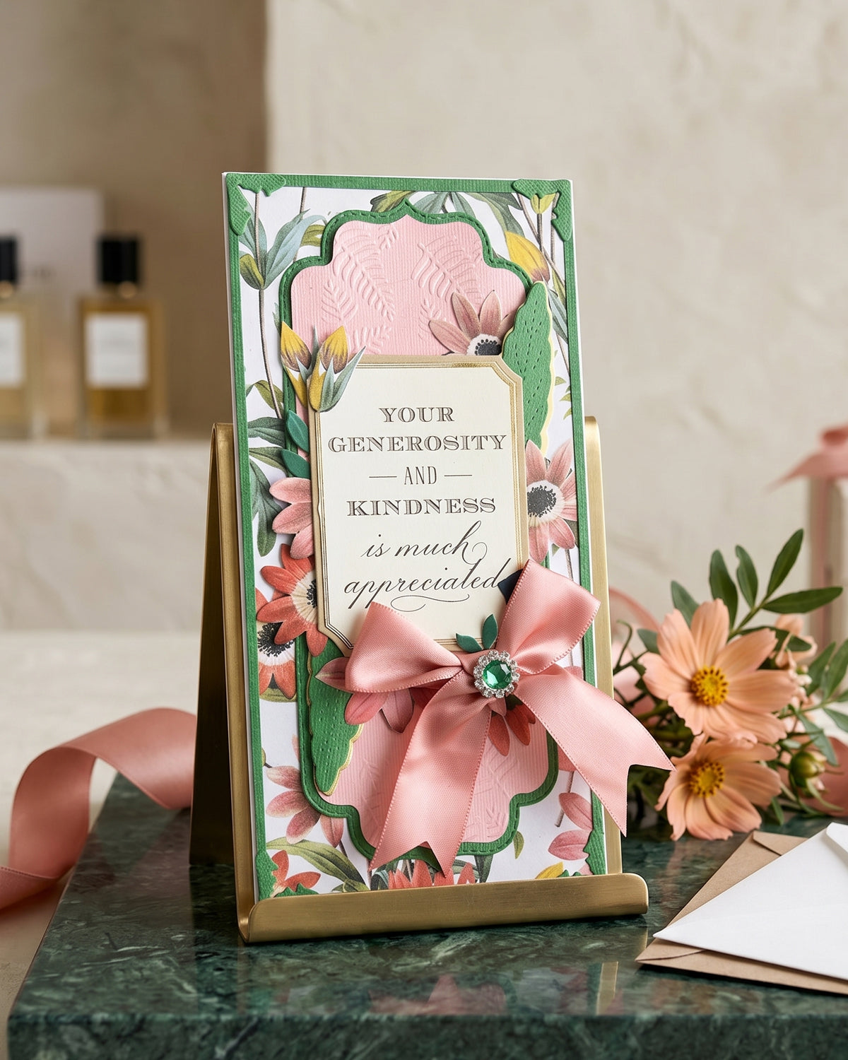 Slimline handmade card with paper flowers and hand-embossed detail — for saying thank you with real weight behind it. Made by Del in NZ.