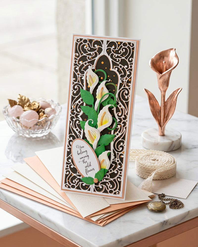 Decorative card with floral design on a marble surface, made in New Zealand by Del Cards