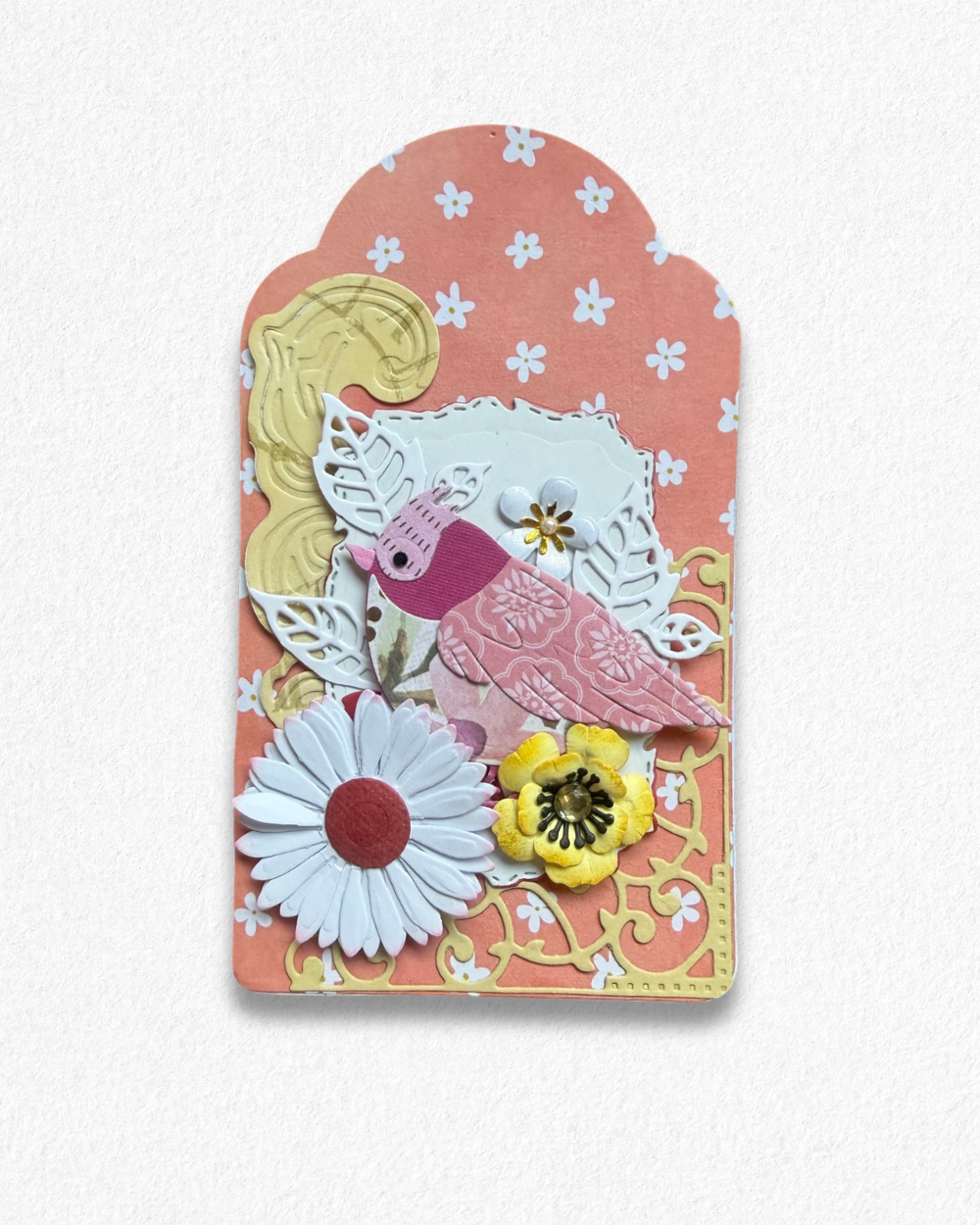 Handmade mini card by Del Cards NZ featuring a die-cut bird with floral details on a mint striped background.