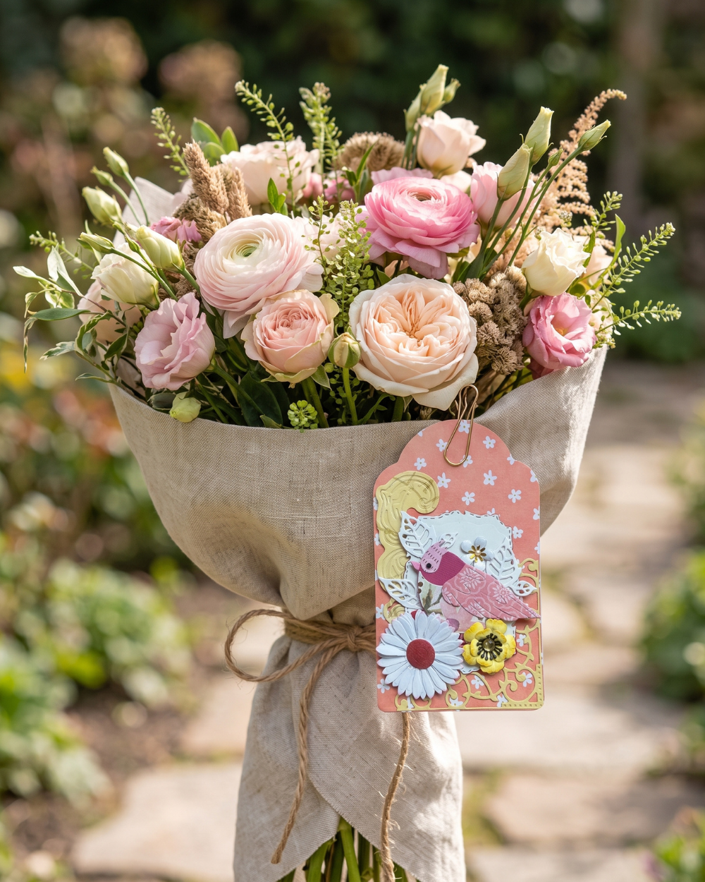 A beautifully arranged floral bouquet wrapped in natural beige linen paper, featuring pink and peach roses, ranunculus, and green foliage, with a decorative pink gift tag attached. The bouquet is set against a softly blurred garden background.