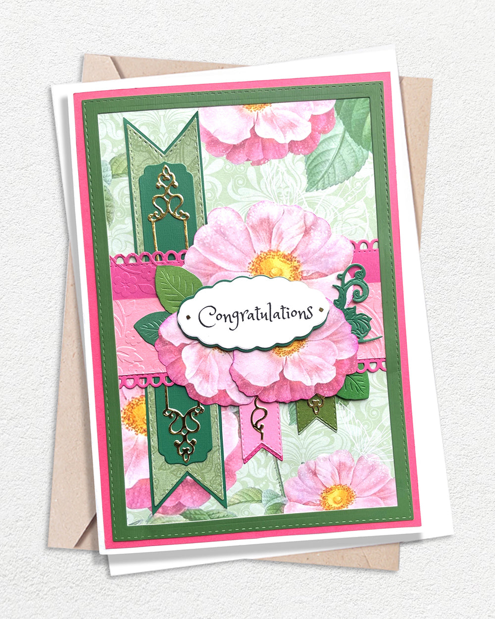 Handmade Congratulations card, made with floral design papers, made in New Zealand by Del Cards NZ.