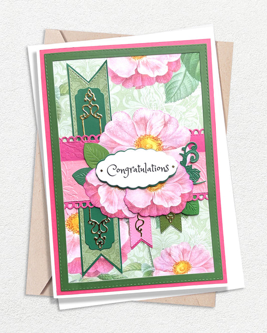 Handmade Congratulations card, made with floral design papers, made in New Zealand by Del Cards NZ.