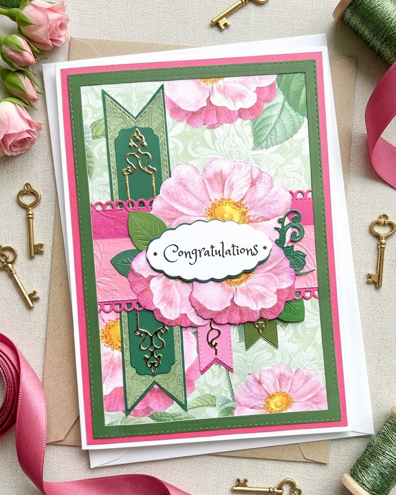 Handmade Congratulations card, made with premium floral design papers, made in New Zealand by Del Cards NZ.