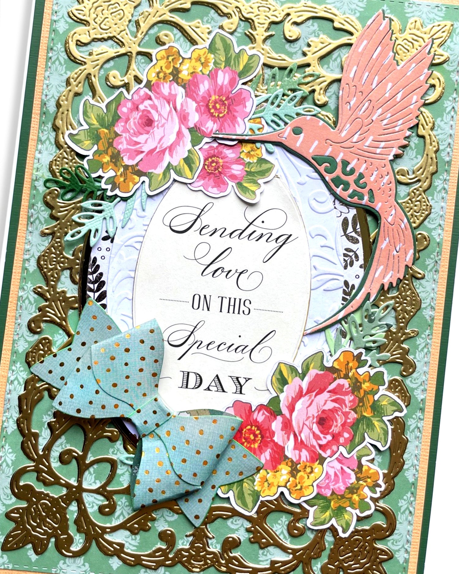 Detail shot of handmade special occasion card by Del Cards NZ, premium layered papers and embellishments