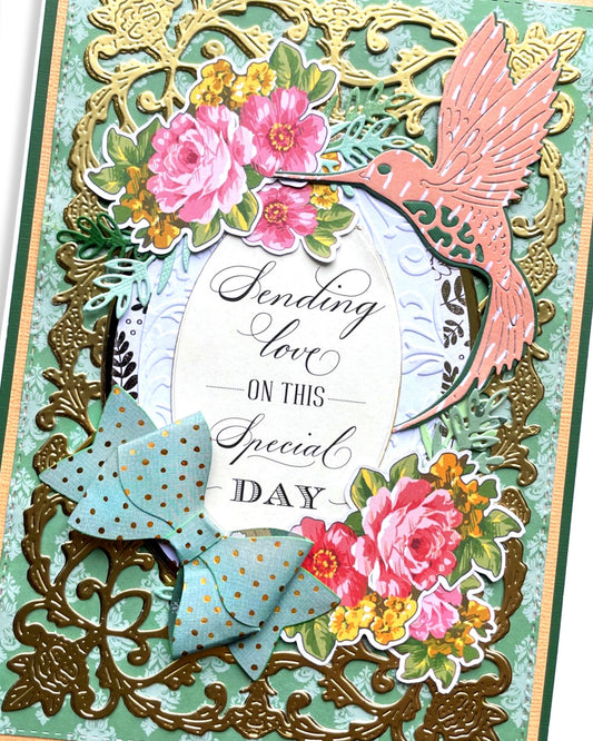 Detail shot of handmade special occasion card by Del Cards NZ, premium layered papers and embellishments