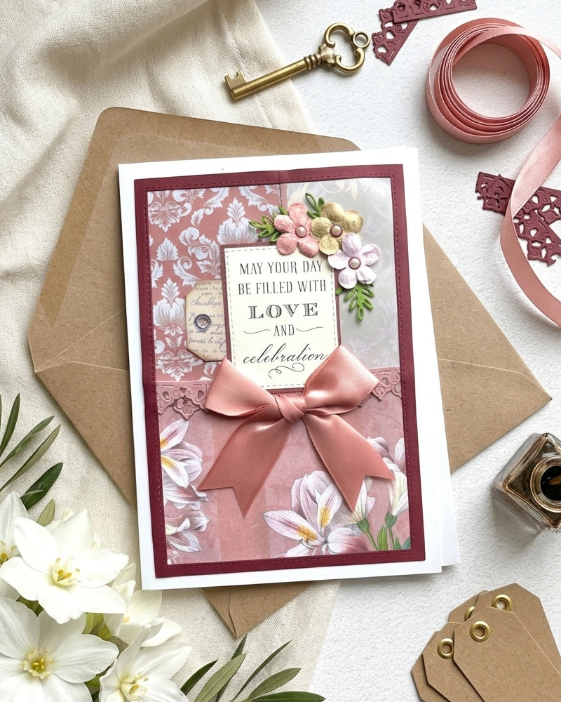 Handmade celebration card with floral design, made in Auckland New Zealand — May your day be filled with Love and Celebration, by Del.