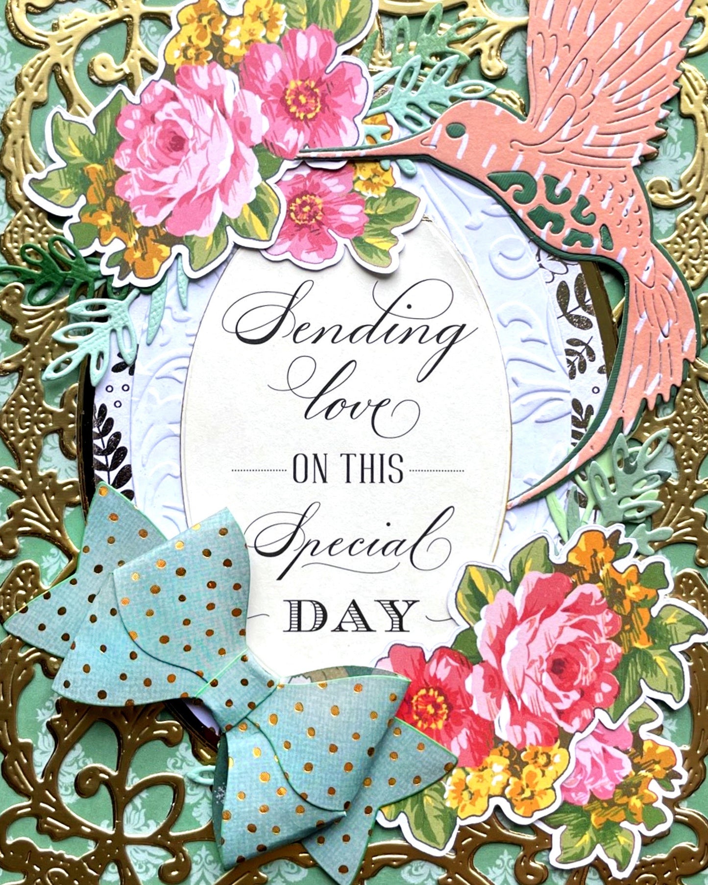 Detail shot of handmade special occasion card by Del Cards NZ, premium layered papers and embellishments