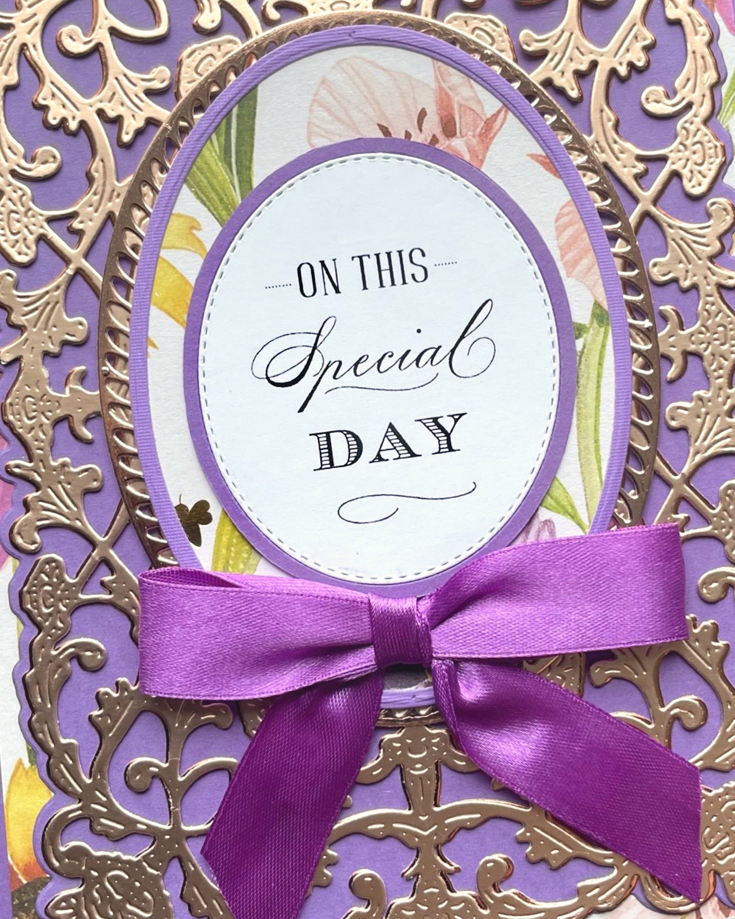 Detail shot of luxury handmade greeting card by Del Cards NZ, intricate layered papers and premium materials