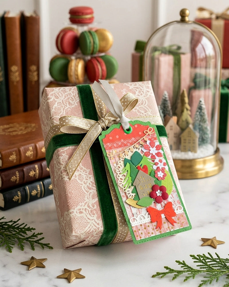 Luxury handmade Christmas gift tag styled on a kraft wrapped gift with green and gold Christmas decorations — Del Cards NZ handmade Christmas gift tags add a traditional festive finishing touch to any present