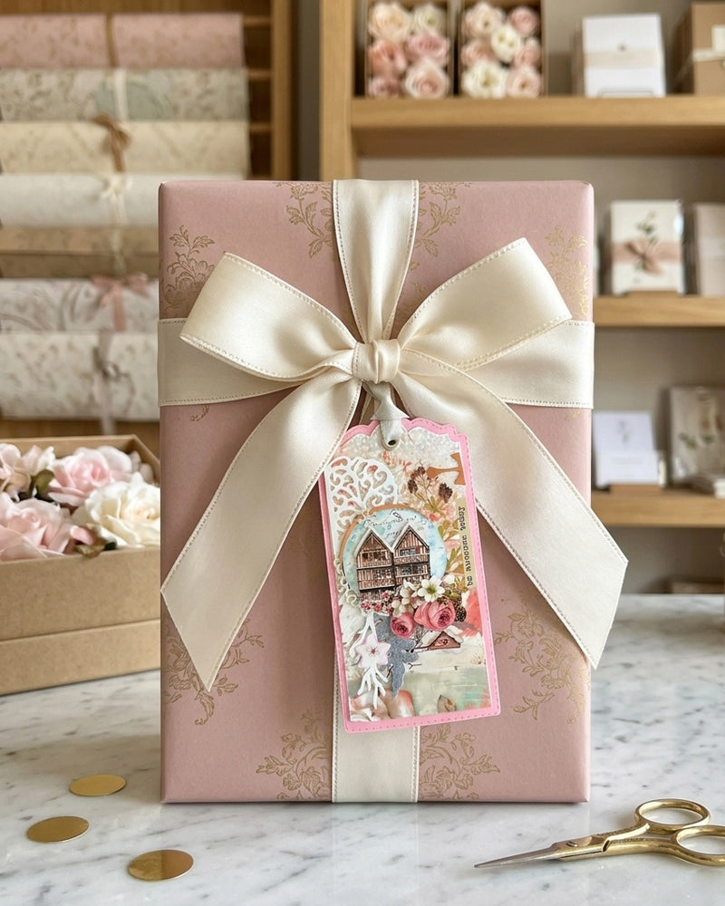 Luxury handmade gift tag styled on a blush pink wrapped gift with cream satin bow — Del Cards NZ handmade gift tags complement wedding, anniversary and birthday gifts beautifully