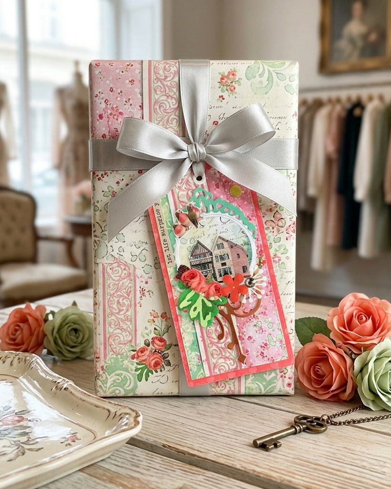 Luxury handmade gift tag styled with a wrapped gift and grey satin bow — Del Cards NZ handmade gift tags make any gift feel thoughtfully finished
