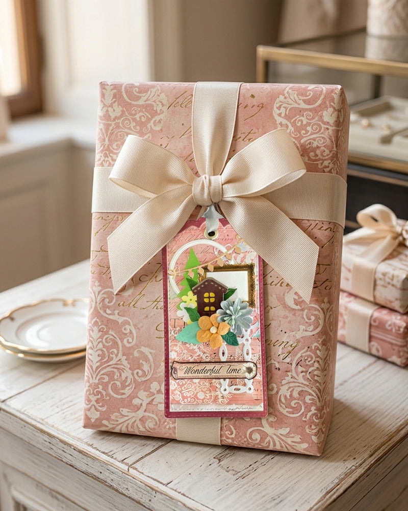 Luxury handmade gift tag styled on a blush pink wrapped gift with champagne satin bow — Del Cards NZ handmade gift tags complement birthday, anniversary and celebration gifts beautifully
