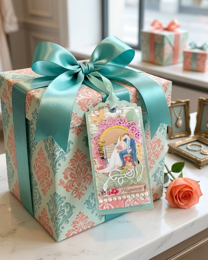 Luxury handmade wedding gift tag styled on a teal gift box with teal satin bow — Del Cards NZ handmade wedding gift tags complement any bridal gift or wedding present beautifully