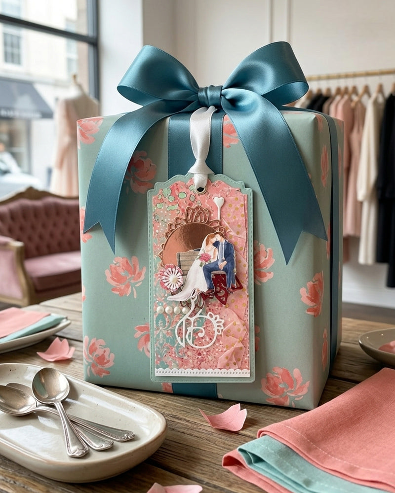 Luxury handmade wedding gift tag styled on a sage green gift box with teal satin bow — Del Cards NZ handmade wedding gift tags add an elegant finishing touch to any bridal gift