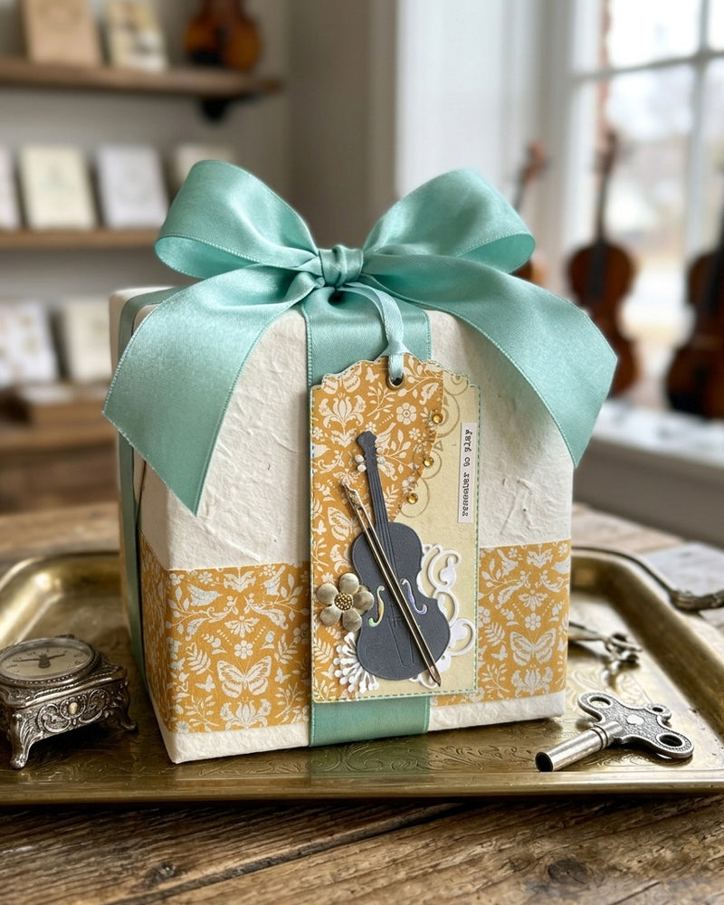 Luxury handmade music gift tag styled on a gold gift box with teal satin bow — Del Cards NZ handmade gift tags make a thoughtful addition to any gift for a musician or music lover