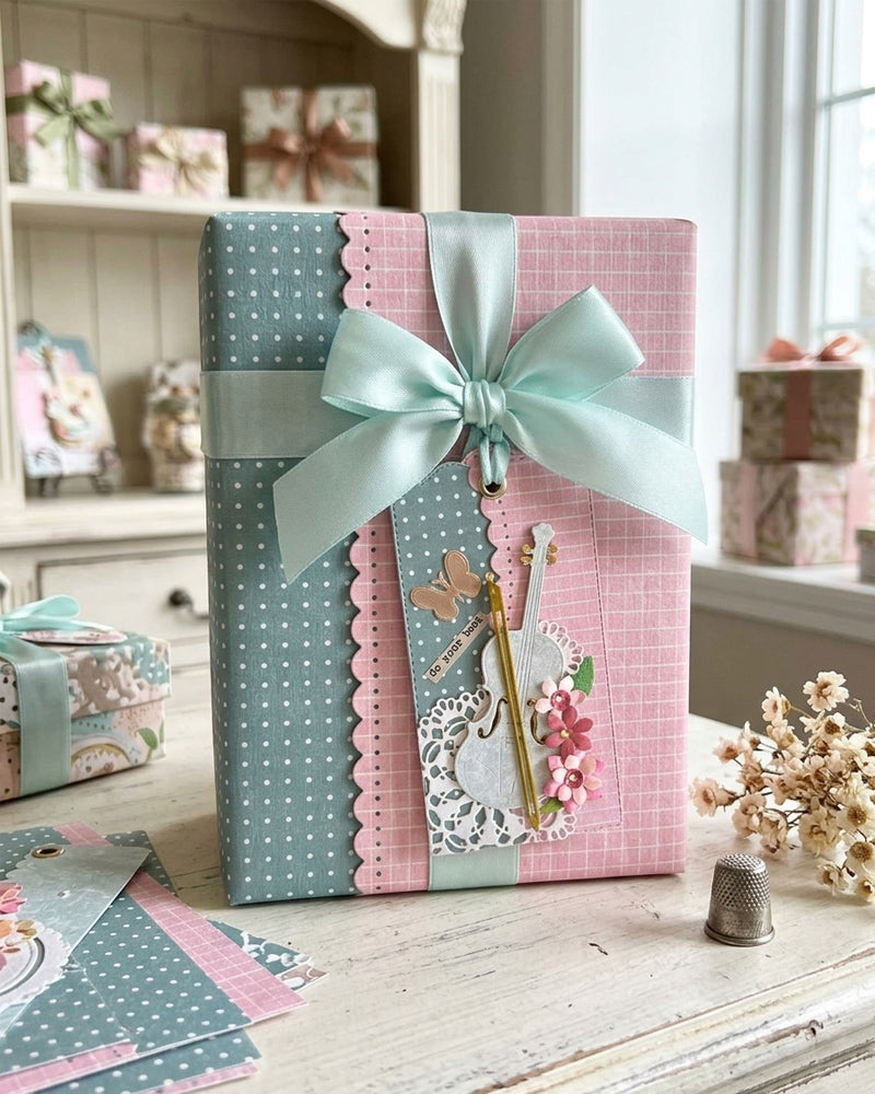 Luxury handmade music gift tag styled on a sage green gift box with teal satin bow — Del Cards NZ handmade gift tags are a beautiful gift for young musicians, music students and recital celebrations