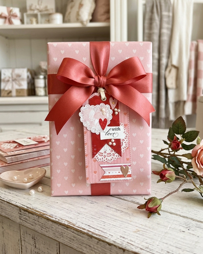 Luxury handmade With Love gift tag styled on a wrapped gift with red satin bow and dried roses — Del Cards NZ handmade gift tags are perfect for Valentine's Day, anniversaries and Mother's Day gifts