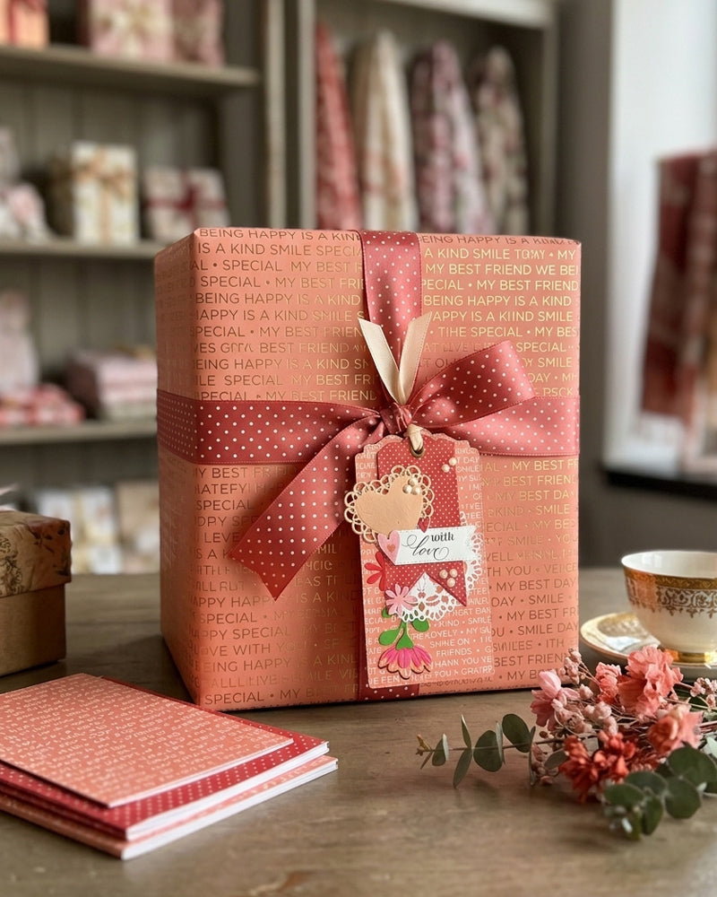 Luxury handmade With Love gift tag styled on a coral gift with pink satin bow and dried flowers — Del Cards NZ handmade gift tags are perfect for Mother's Day, birthdays and heartfelt gifts for someone special