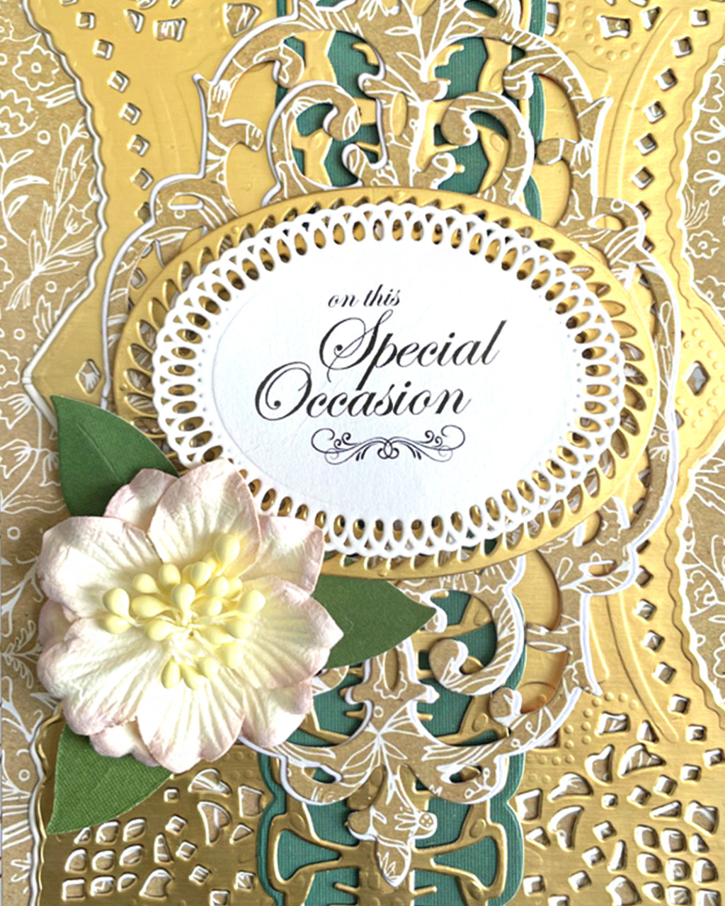 Detail shot of luxury handmade greeting card by Del Cards NZ, premium layered papers and fine gems