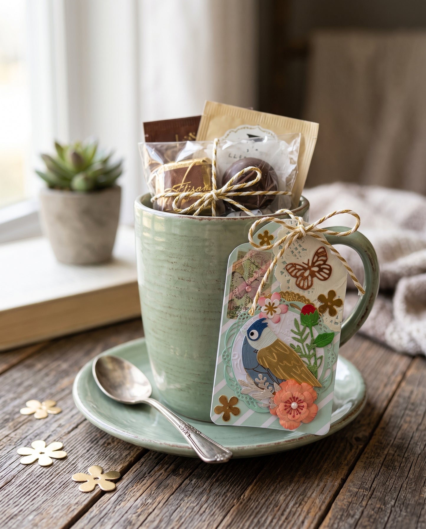 A sage green ceramic mug on a matching saucer, filled with packaged baked goods and tied with a decorative illustrated paper tag. The scene is styled on a rustic wooden table with a spoon, small flower decorations, a blurred plant, and a soft blanket in the background.