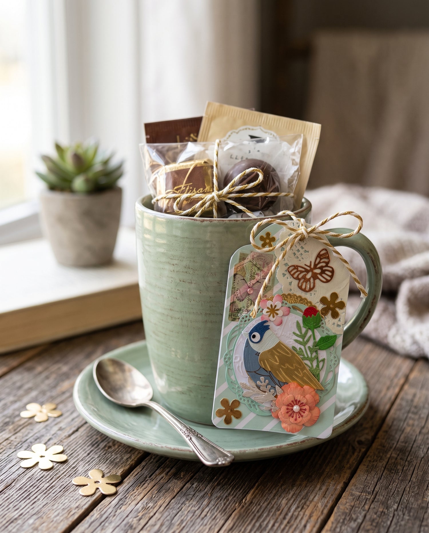 A sage green ceramic mug on a matching saucer, filled with packaged baked goods and tied with a decorative illustrated paper tag. The scene is styled on a rustic wooden table with a spoon, small flower decorations, a blurred plant, and a soft blanket in the background.