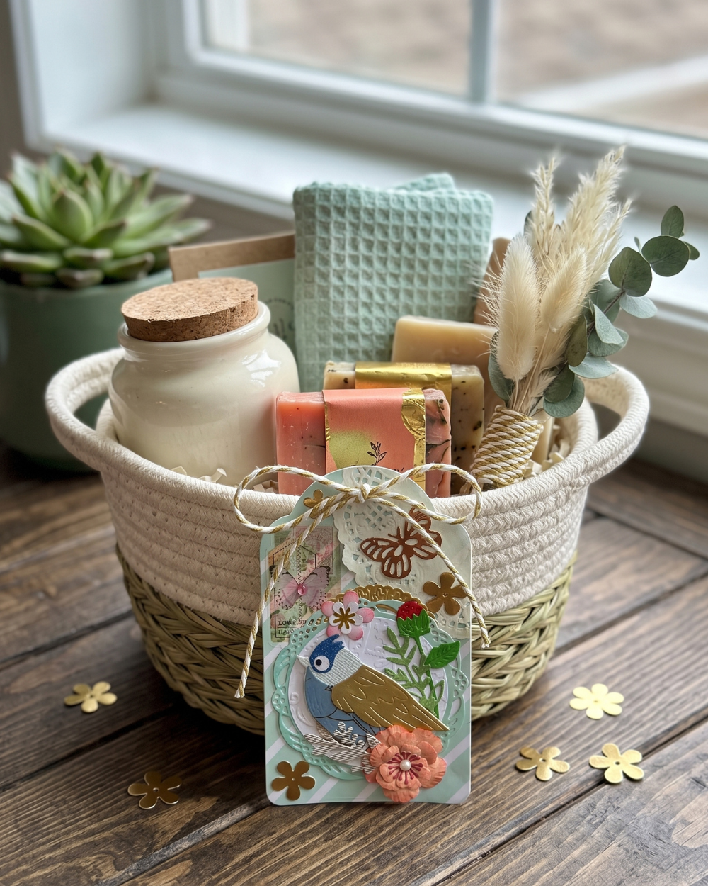 A woven gift basket filled with bath and beauty items, including a jar with a cork lid, textured washcloths, wrapped soap bars, dried pampas grass, and a decorative illustrated tag, set on a wooden surface near a window.