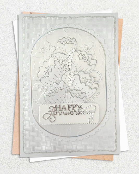 White embossed Happy Anniversary card with silver foil floral design and matching envelope – Del Cards NZ