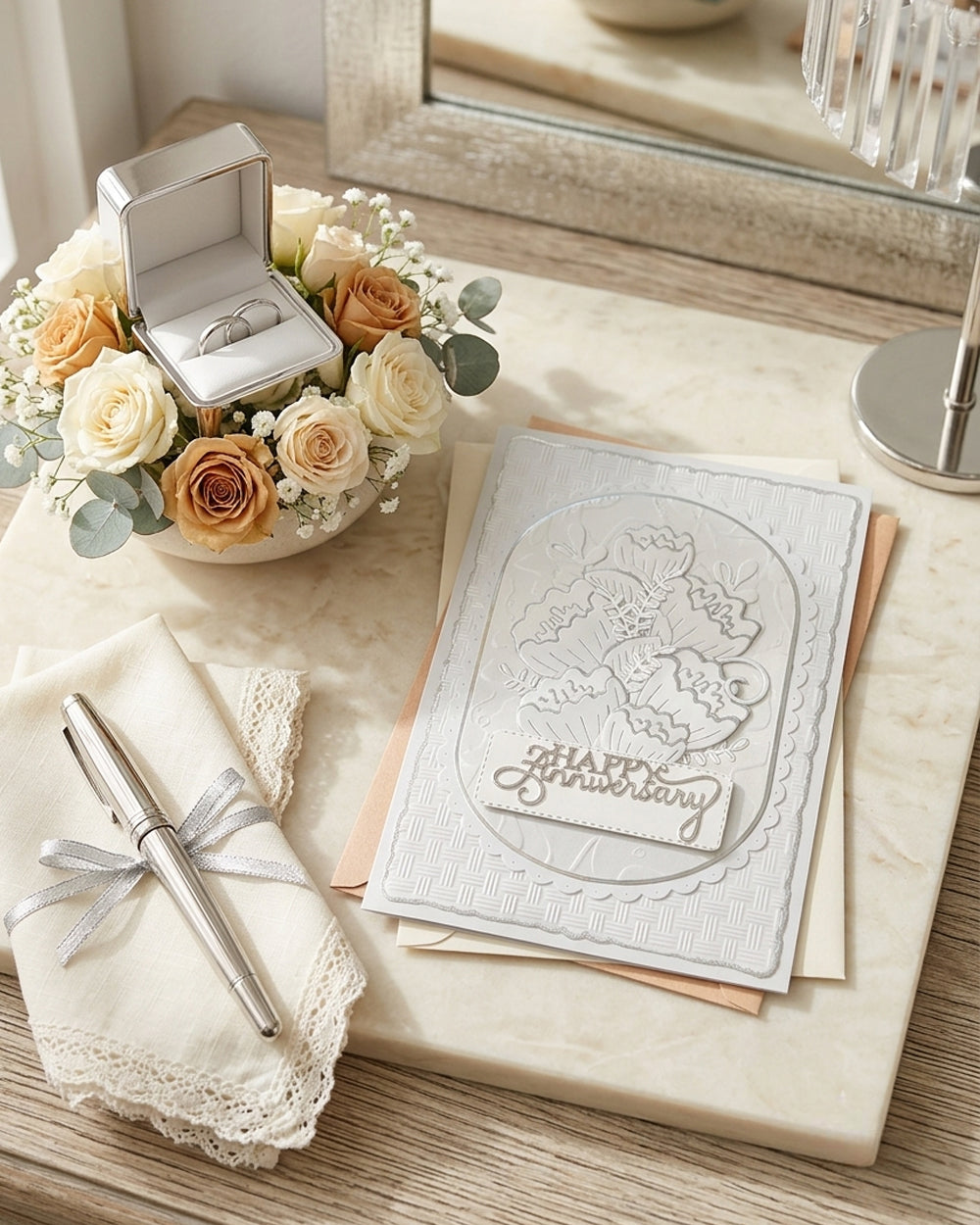 Happy Anniversary card styled with fresh flowers and stationery, handmade by Del Cards NZ