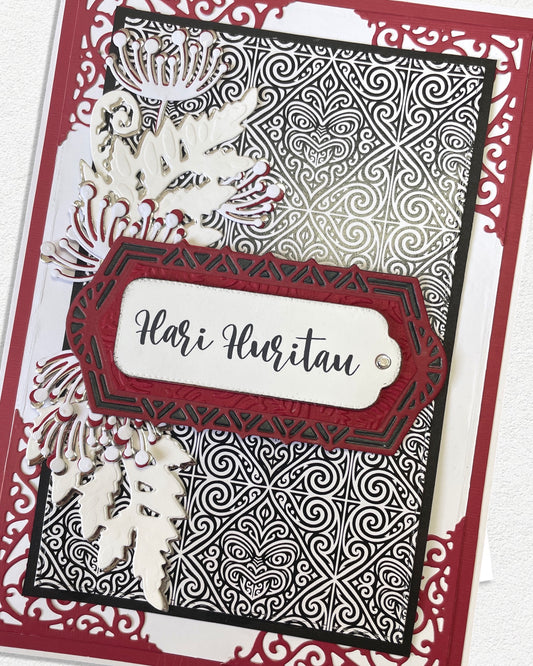 Detail shot of luxury handmade Māori birthday card by Del Cards NZ, unique design with premium embellishments