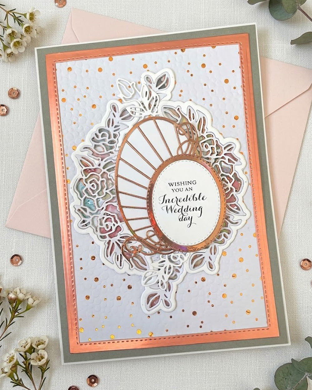 Luxury handmade wedding card with elegant unique design, made in New Zealand by Del Cards — Wishing you an incredible day
