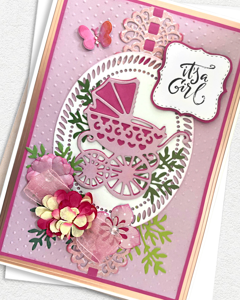 Close up of greeting card - It's a Girl. Luxury congratulations card for newborn girl New Zealand