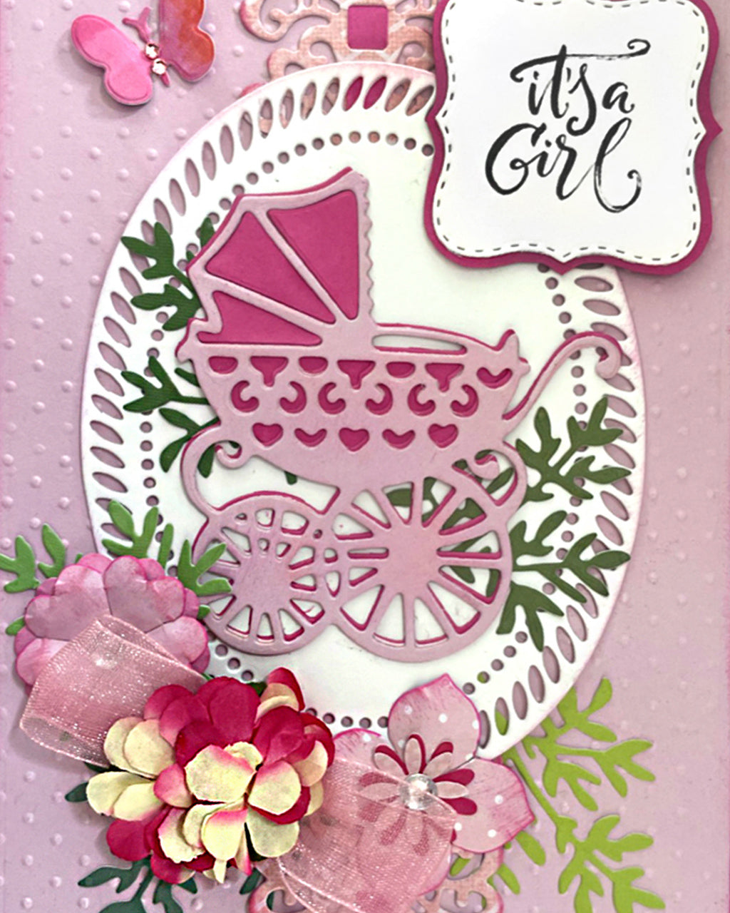 Close up of greeting card - It's a Girl. Luxury congratulations card for newborn girl New Zealand