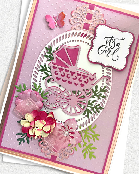 Close up of greeting card - It's a Girl. Luxury congratulations card for newborn girl New Zealand