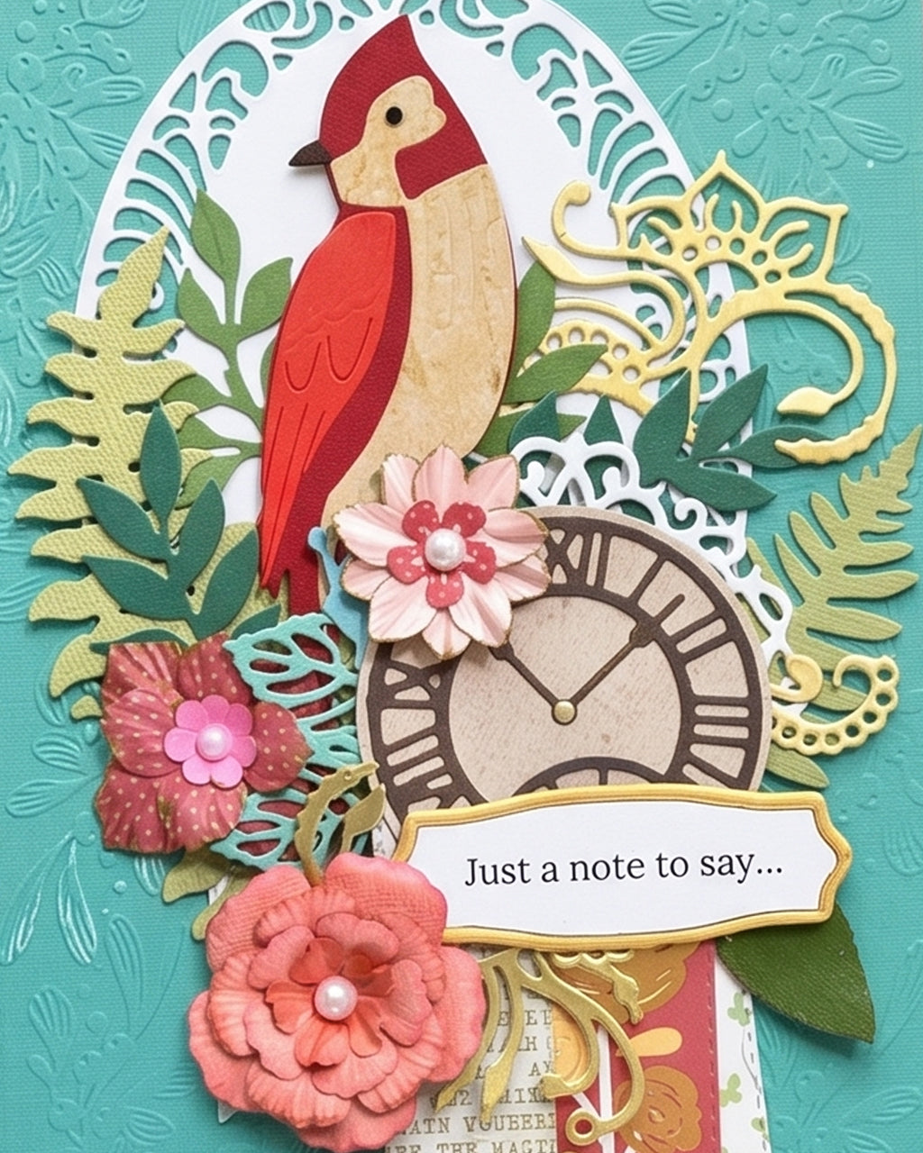 Full front view of a handmade teal and red greeting card featuring a hand-embossed background, ornate white lace oval frame, gold tropical leaf die-cuts, clock face detail, vivid red cardinal bird, coral paper flowers and a gold "Just a note to say..." sentiment banner. A bold, nature-inspired handmade card made in New Zealand — perfect for thank you, thinking-of-you or any heartfelt occasion.